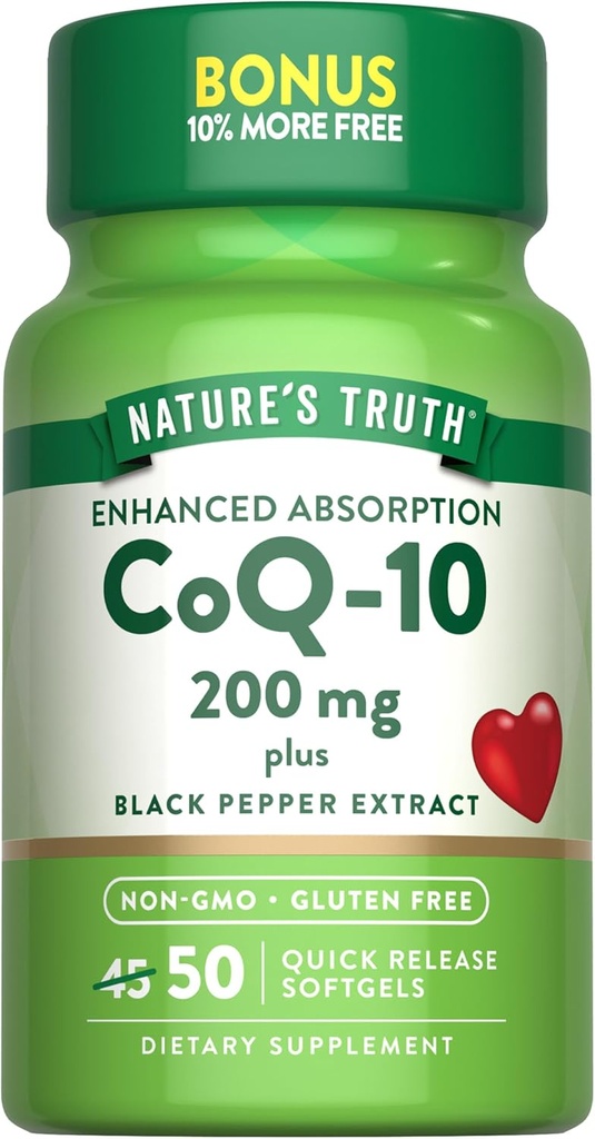 Nature 's Truth CoQ10 200mg Softgels against 124; 50 Greve Note 124; Enhanced Absorption Support 124; Plus Black Pepper Extract; 124; Non- GMO, Gluten Free