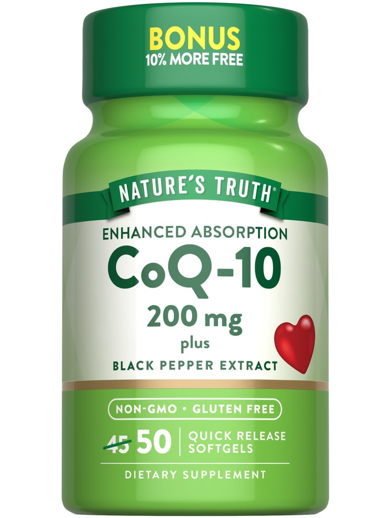 Nature 's Truth CoQ10 200mg Softgels against 124; 50 Greve Note 124; Enhanced Absorption Support 124; Plus Black Pepper Extract; 124; Non- GMO, Gluten Free