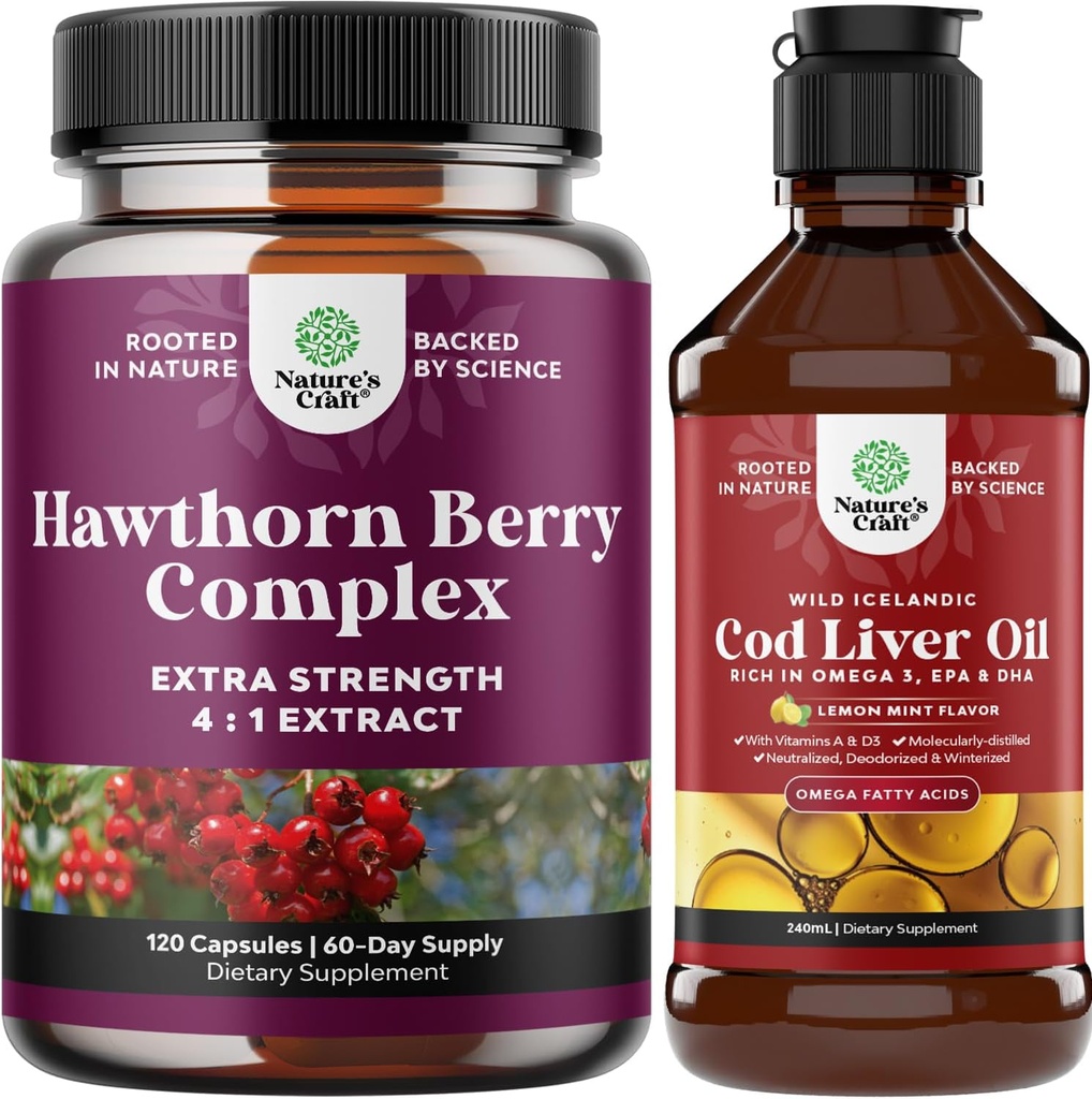 Bundle of Extra Strength Hawthorn Berry Capsules Hawthorn Extract fordøjelse og hjertets sundhed supplement og Islandsk Torsk Lever Oil Liquid Vild fanget Nordic Omega 3 Fish Oil Liquid for voksne og Kid