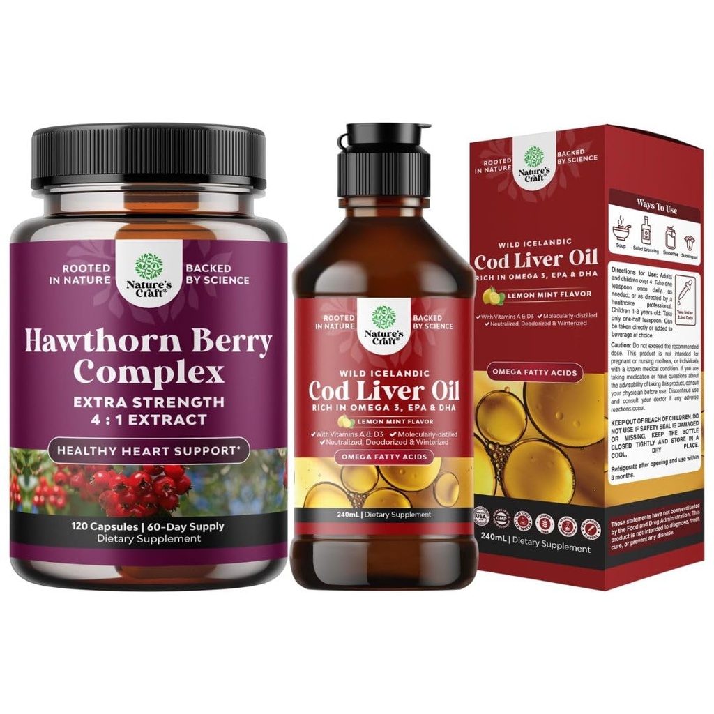Bundle of Extra Strength Hawthorn Berry Capsules Hawthorn Extract fordøjelse og hjertets sundhed supplement og Islandsk Torsk Lever Oil Liquid Vild fanget Nordic Omega 3 Fish Oil Liquid for voksne og Kid