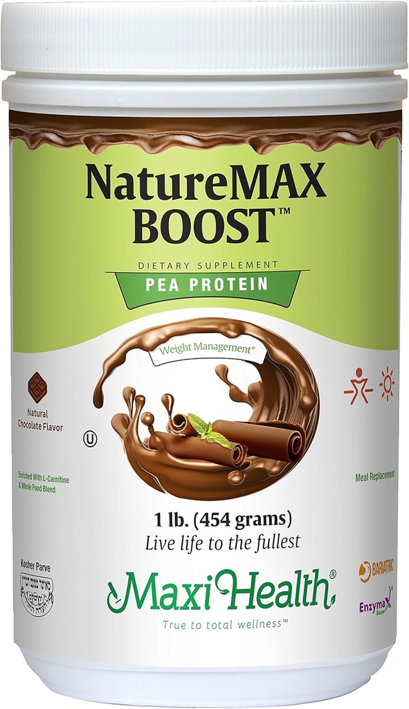 NatureMax BoostTM Pea Protein Powder - Energy Supplement Meal udskiftning - 20g Protein Per Serving - Natural Chocolate Flavor - Kosher Vitamin - 1lb.