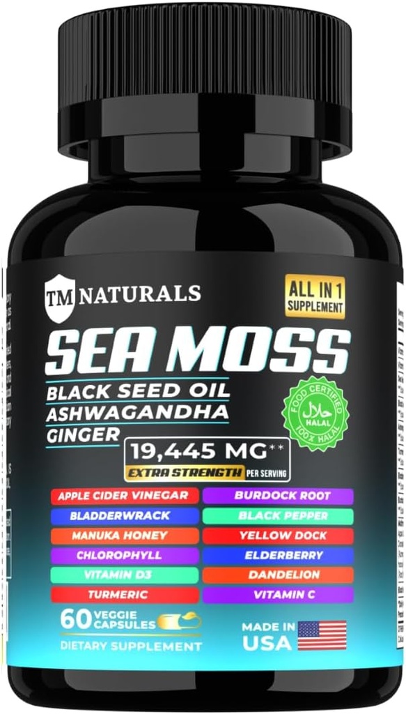 Sea Moss med Black Seed Oil, C-vitamin, Ashwagandha og gurkemeje til immunforsvar & Energi - 60 Veganske kapsler + Free Pill Box