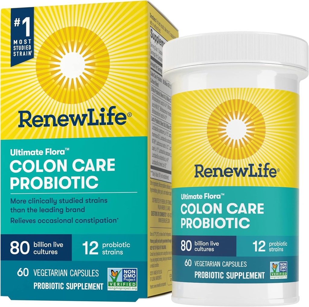 Renew Life Voksen Colon Care Probiotisk supplement, Gluten, Dairy & Soy Free, 80 milliarder CFU Per kapsel, 60 kapsler (Pakke Maj Vary)