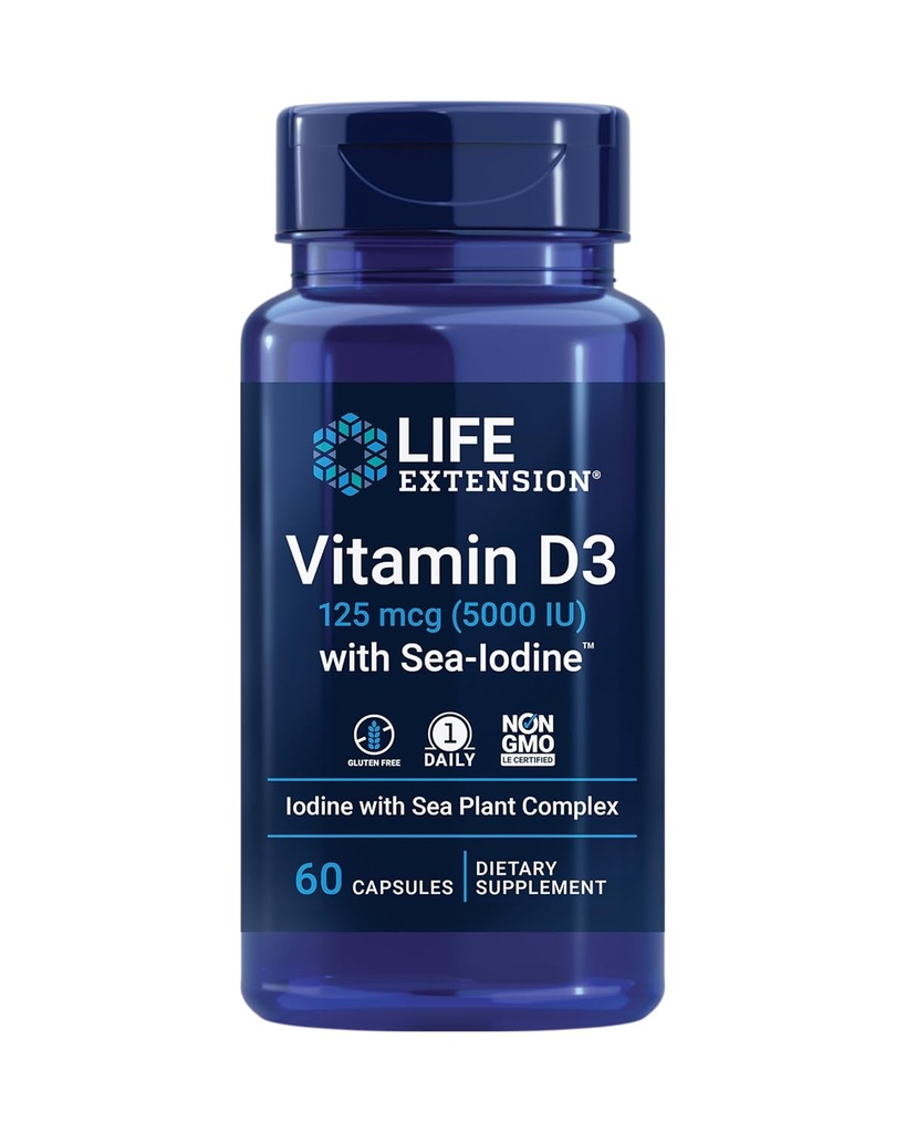 Life Extension Vitamin D3 med Sea- Jod ™, 125 mcg (5000 IE) - Immunstøtte, Knoglehygiejne, thyreoideasundhed - 1 daglig, Glutenfri, non- GMO - 60 kapsler