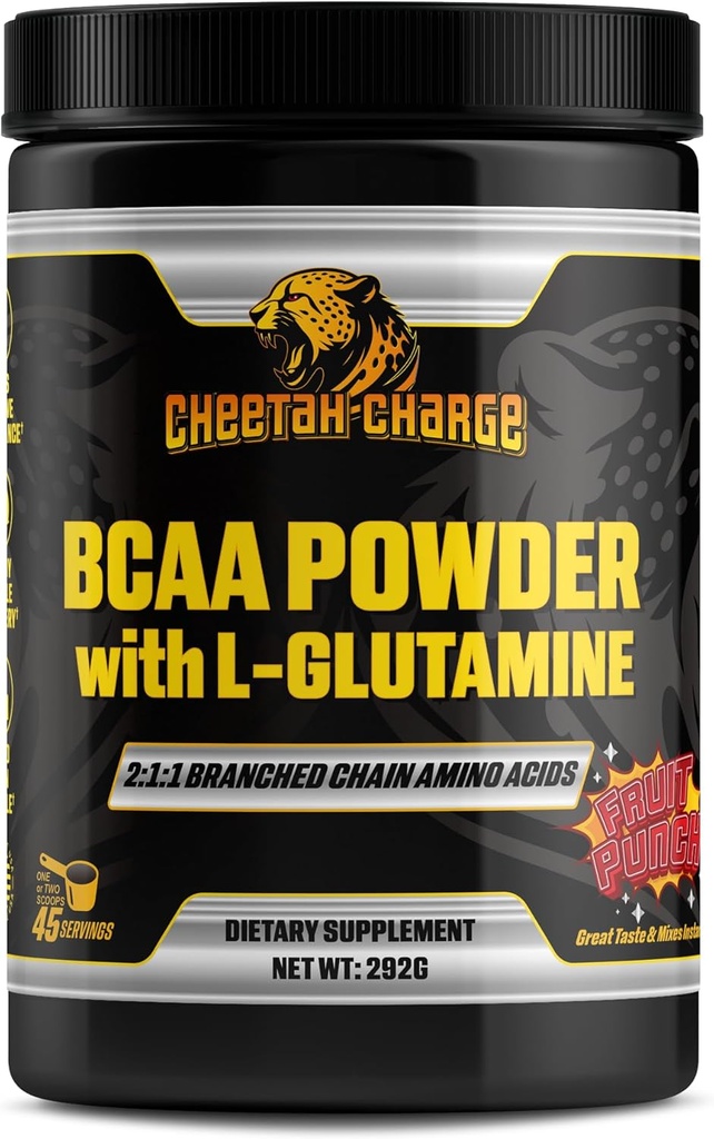 BCAA pulver med L- Glutamin- 1: 1: 1 Forgrenet Chain Aminosyre- 124; Post Workout Recovery Powder - 45 Serveringer (Fruit Punch)