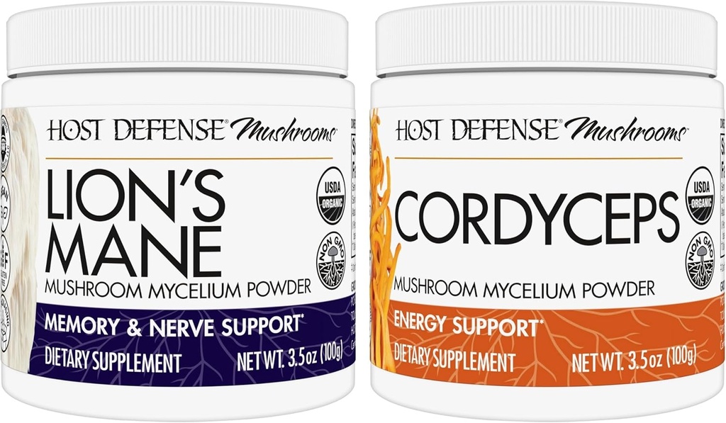 Host Defense Bundle med Lions Mane Powder, 3,5 oz & Cordyceps Powder, 3,5 oz - Support Brain Health, Memory & Focus - Support ImmunHealth & Energy *