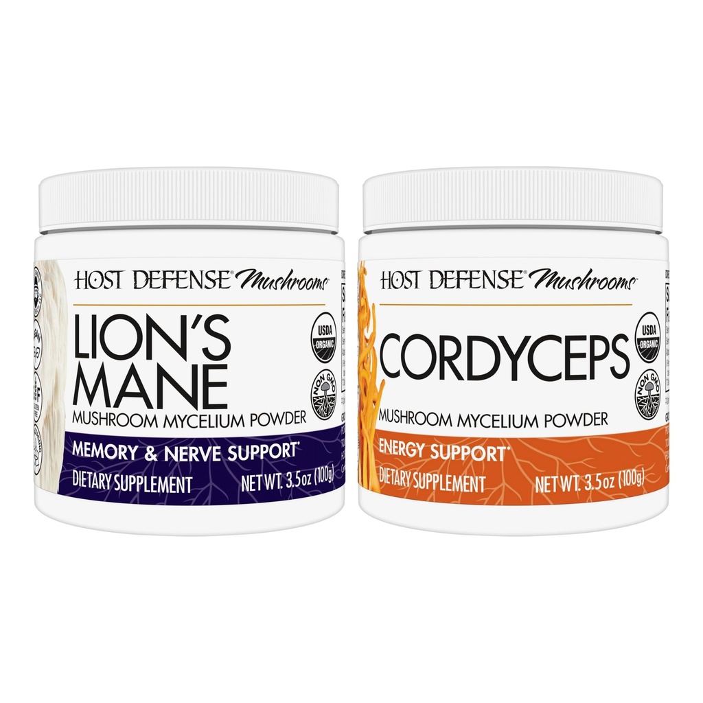 Host Defense Bundle med Lions Mane Powder, 3,5 oz & Cordyceps Powder, 3,5 oz - Support Brain Health, Memory & Focus - Support ImmunHealth & Energy *
