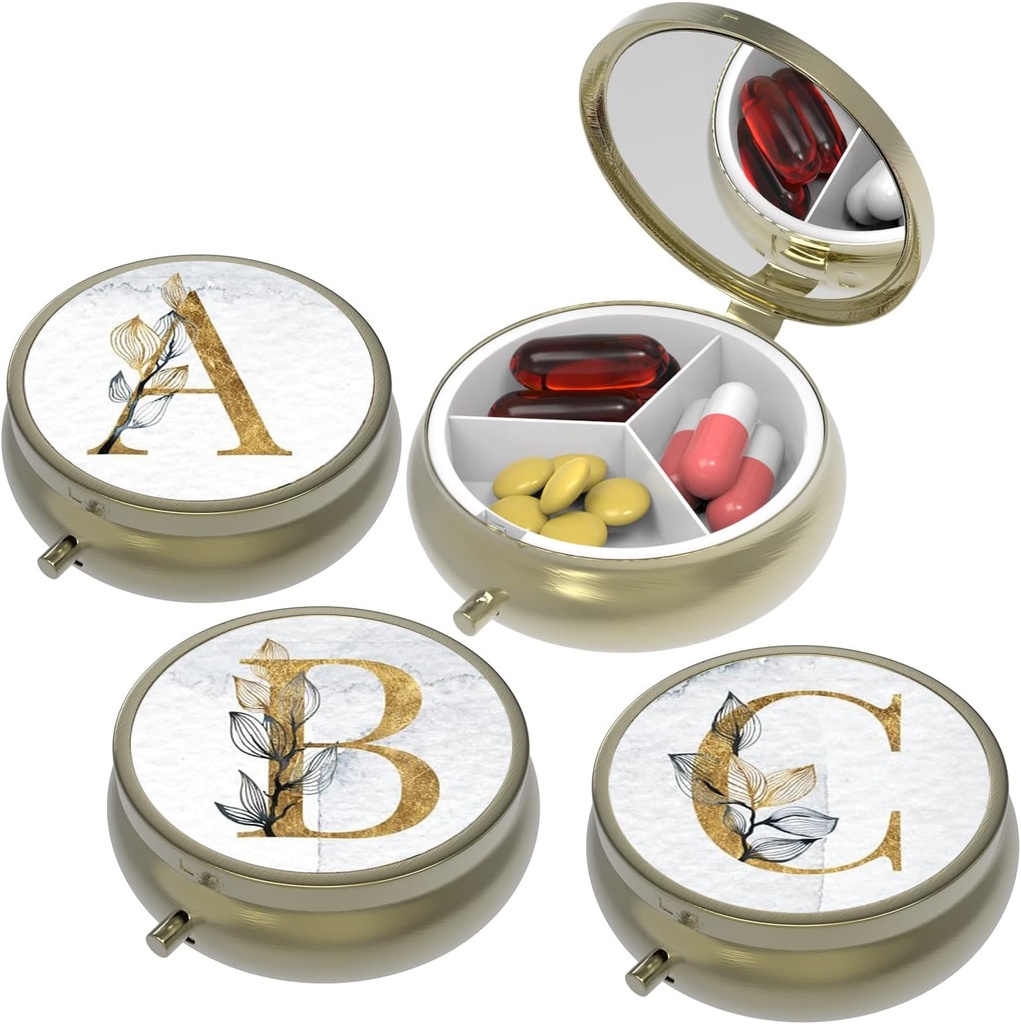 Lille Pill Box, Pill sag for purse & Pocket, 3 Compartments Travel Pill Case Medicin Organizer Opbevaring til vitaminer, piller, fiskeolie og øreringe, studs, Bronze- 3Round (ABC)