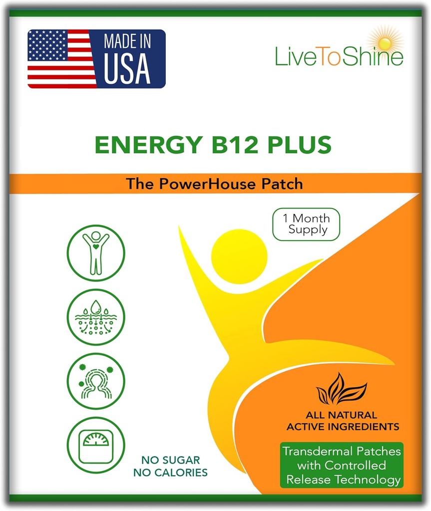 Live til Shine B12 Energy Plus temapatch - Energi og fokus støtte til kvinder og mænd - 30-dages levering - USA Made