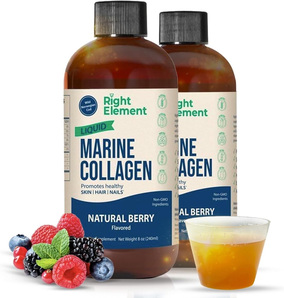 Flydende Marine Collagen - 124; Wild fanget torsk - Hydrolyzed Keratin Peptid, Hyaluronsyre & biotin - sundt hår, hud & negle - Made in USA - Natural Berry, 8.00 Fl Oz (2 - Pack)