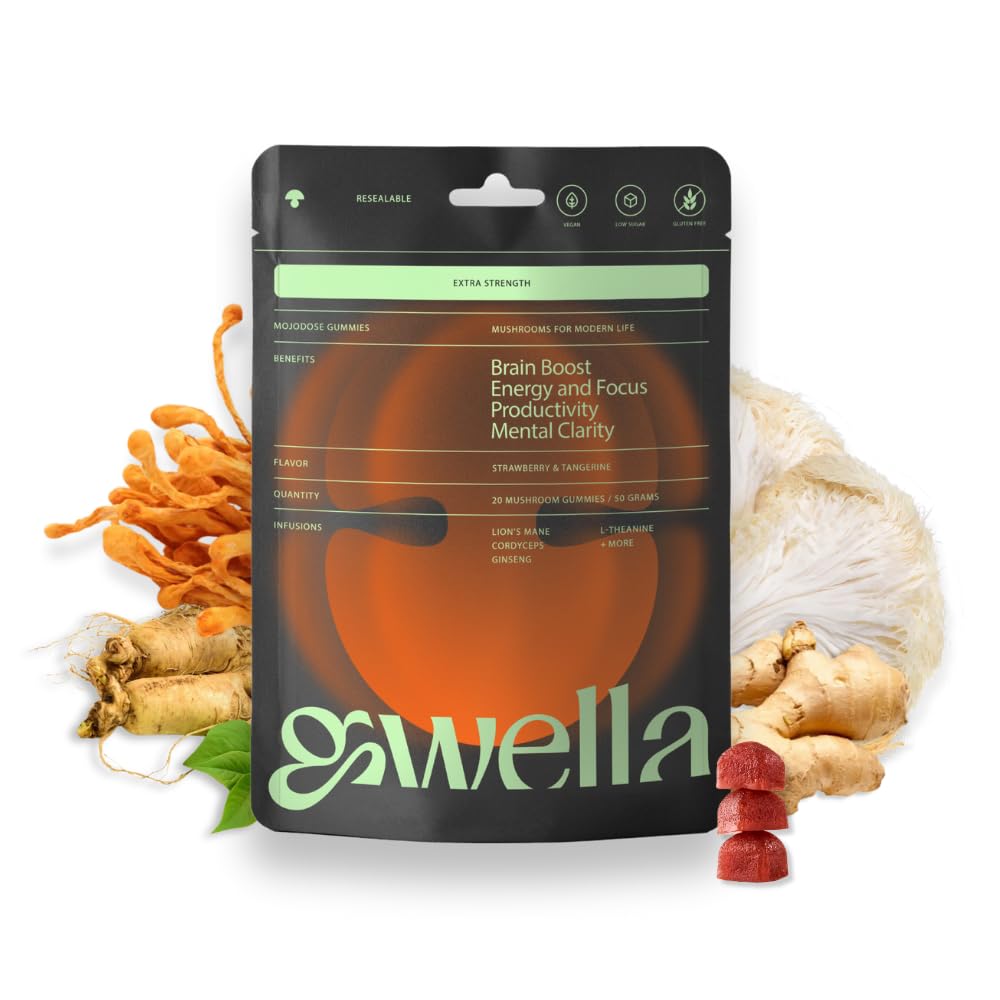 Gwella Focus Gummies med Lions Mane, Panax Ginseng, Ginger Root, Cordyceps, SAM- e, og Nootropics, Energy and Focus Supplement, Vegan, Strawberry Tangerine (20 Greve - pakke med 1)