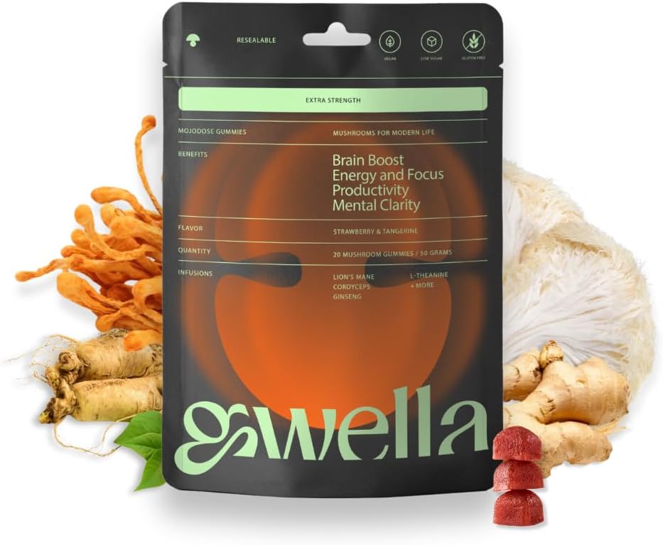 Gwella Focus Gummies med Lions Mane, Panax Ginseng, Ginger Root, Cordyceps, SAM- e, og Nootropics, Energy and Focus Supplement, Vegan, Strawberry Tangerine (20 Greve - pakke med 1)