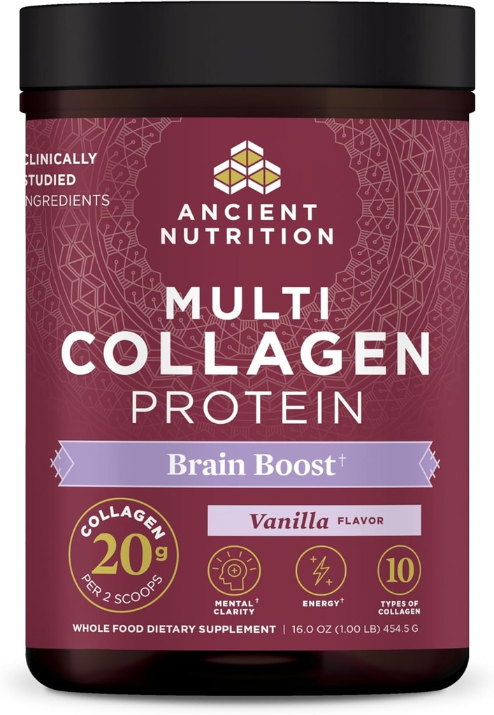 Ancient Nutrition Collagen Powder Protein, Multi Collagen Protein, Hydrolyzed Collagen Peptider understøtter hud og negle, Fælles tillæg (Brain Boost, 45 Servere)