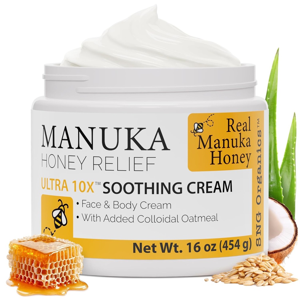 Super naturlige varer Manuka Honey Cream (16oz) - Hydrating Lotion til alle hudtyper Velegnet til børn og voksne Buddy 124; fugtgivende Body Cream med Real Manuka Honey Aloe Vera Juice og kakao Smør
