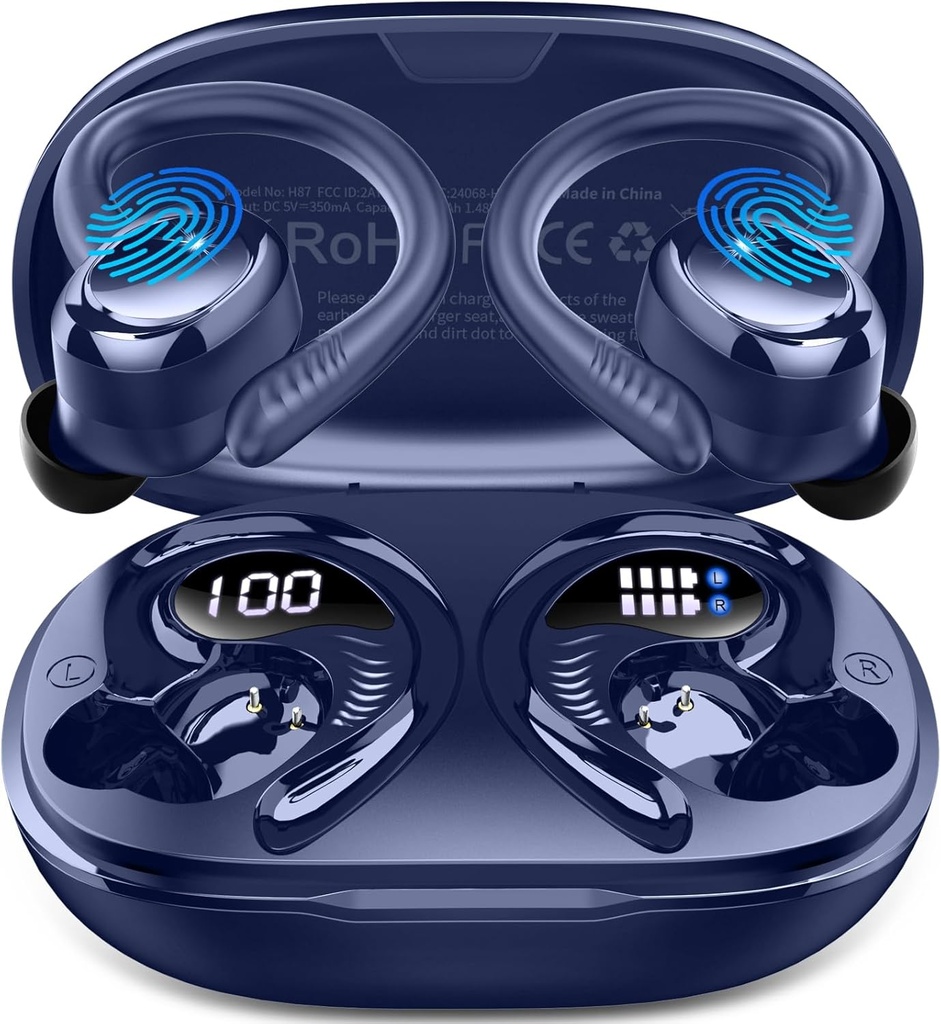Trådløs Earbudons Sport, 2025 Bluetooth 5.4 Hovedtelefoner med Earkrogs, 50H Stereo Deep Bass Over Ear Bud med 4 ENC Støj Canceling Mics, IP7 Vandtæt Earphones til Løbetræning Gym -Blå
