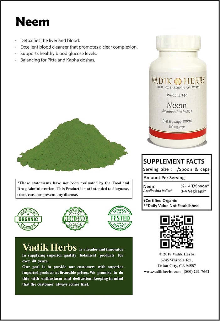 Certificeret økologisk Vadik urter Neem (Azadirachta Indica) Pulver 1lb. Pack Budd124; Excellent Blood Cleanser, Understøtter sunde blod Glucose Niveauer, Balancing for Pitta og Kapha Doshas