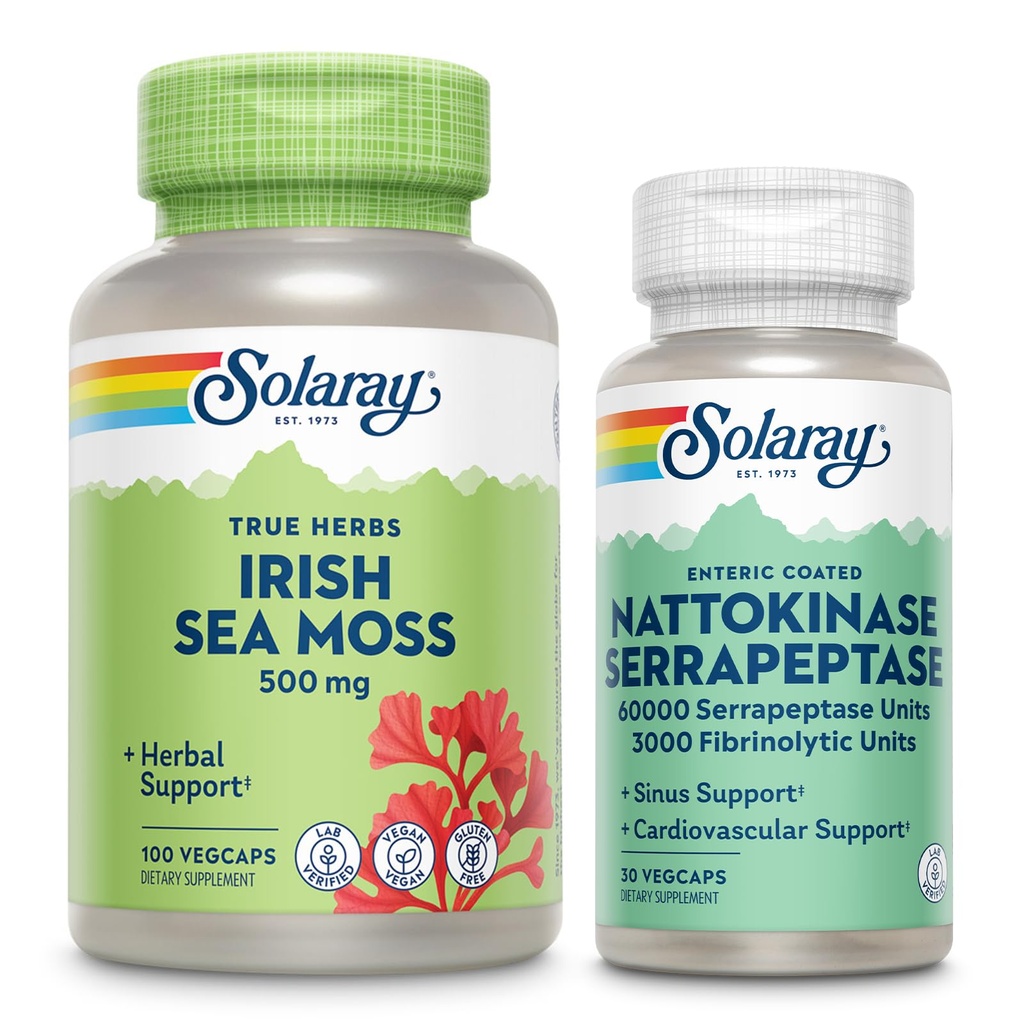 SOLARAY Irish Sea Moss 500mg and Natokinase Serrapeptase Supplement - Wellness Bundle med naturligt okkurrende vitaminer, mineraler - Gut Health, Sinus, Heart Health Support, 60- Day Garanti, 100 / 30ct