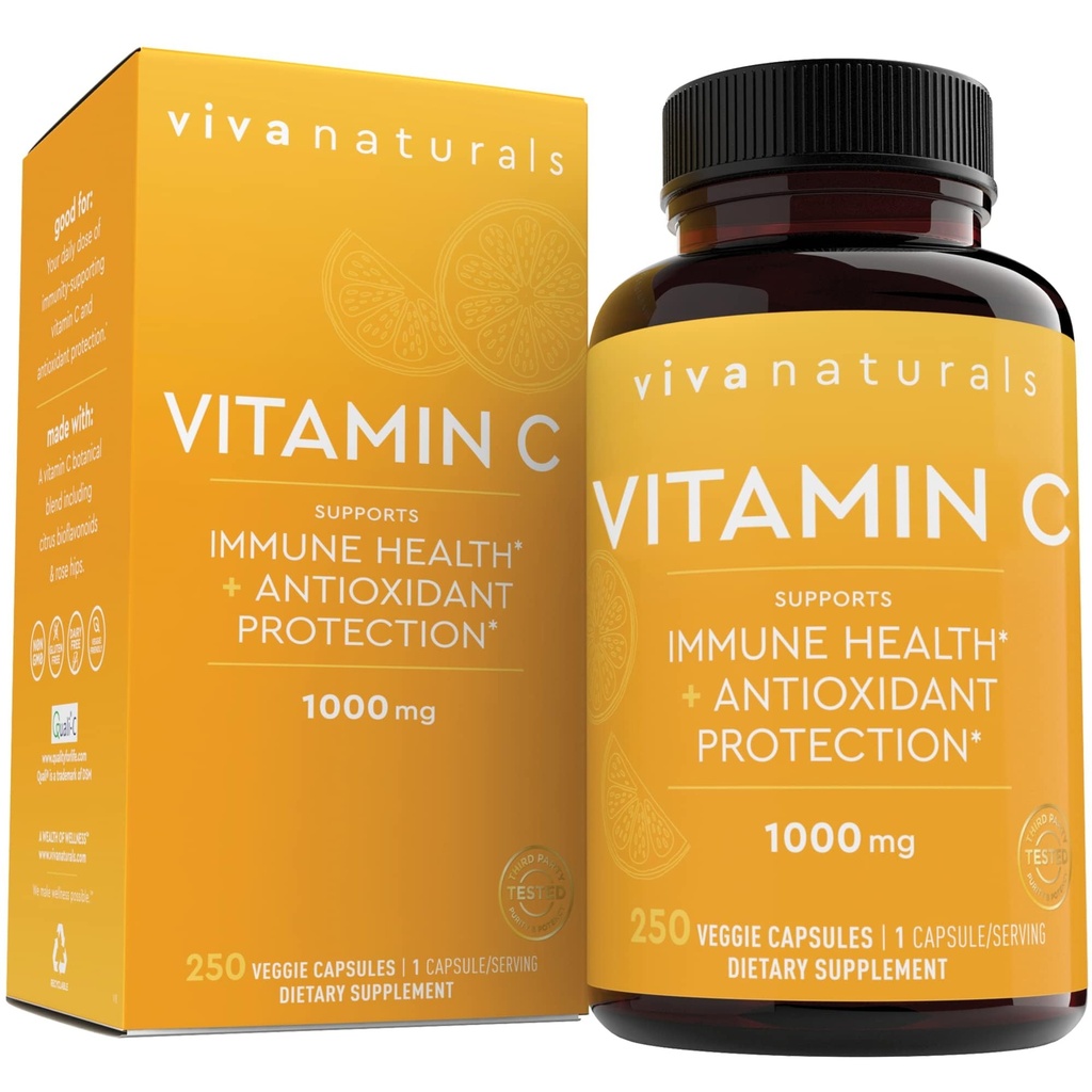 Viva Naturals Vitamin C, 1000 mg, 250 Vegetariske Kapsler - med Citrus Bioflavonoider & Rose HIPS, Non- GMO for immunforsvar & antioxidant Protection