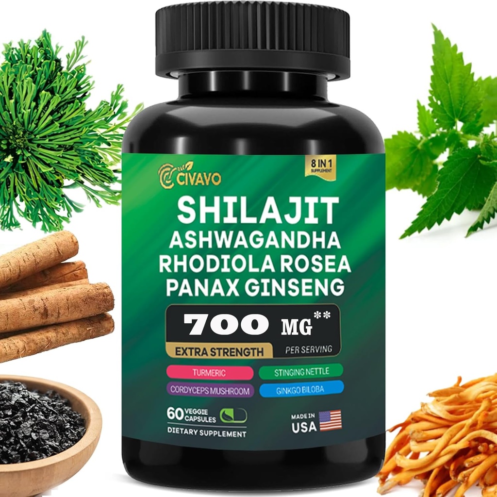 Shilajit Pure Himalayan 9000MG, Ashwagandha 2000MG, Rhodiola Rosea 1000MG, Panax Ginseng 1500MG, Turmerisk 500MG, Gingko Biloba 500MG, Stinging Nettle 250MG, Cordyceps Mushroom 500MG