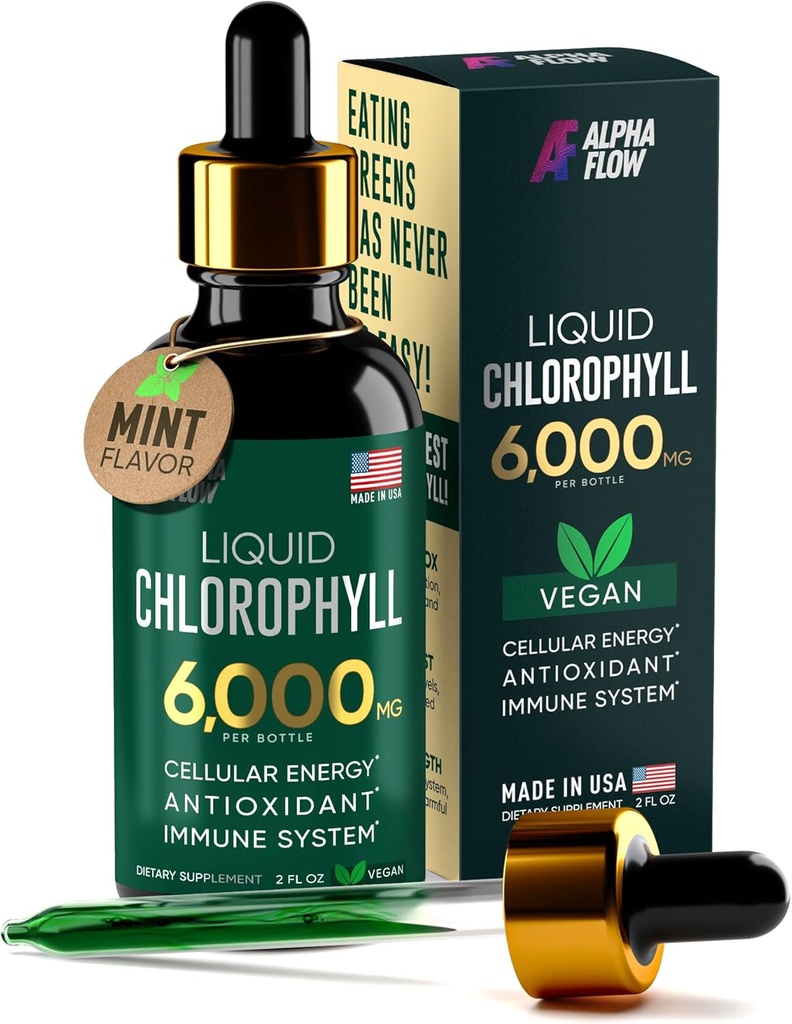 Chlorophyll Liquid Drops 6000 mg - Premium Liquid Chlorophyll Supplement - All- in- One Antioxidant for immunboost, energiforøgelse, fordøjelsesstøtte & hurtig afvænning - non-GMO, Vegan