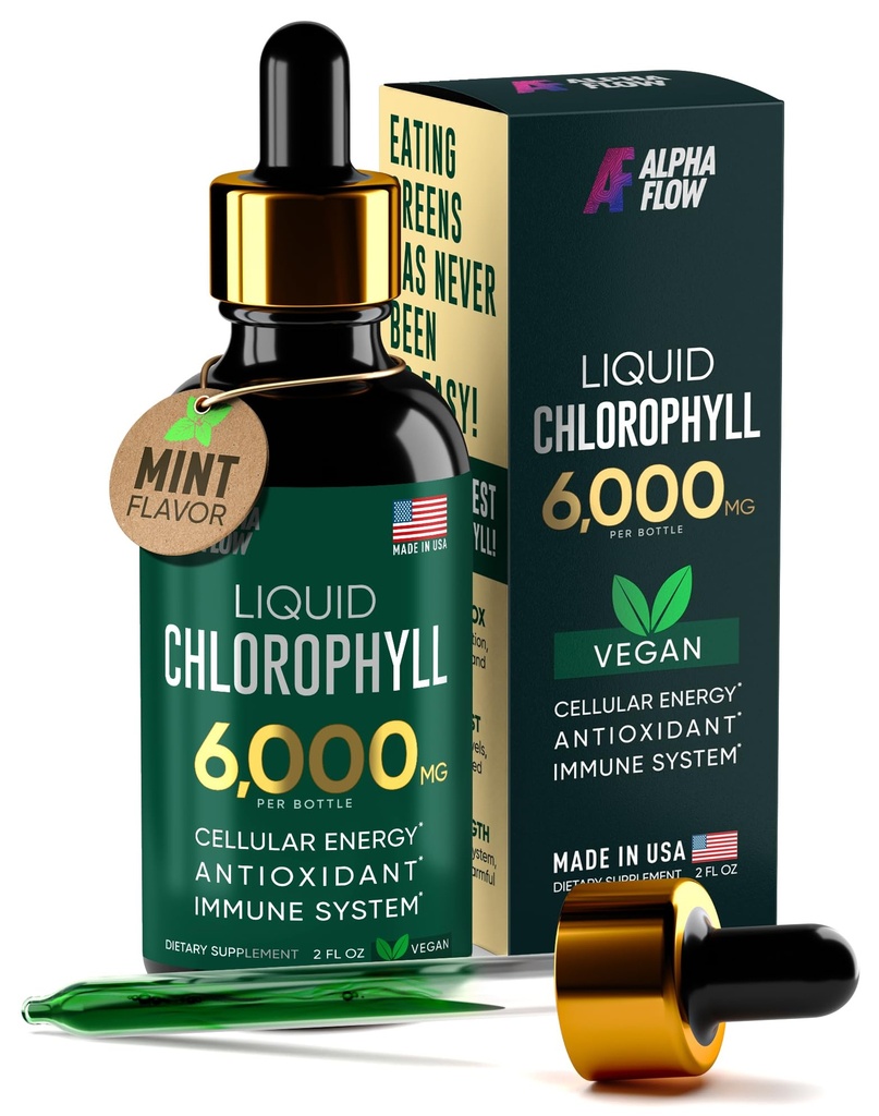 Chlorophyll Liquid Drops 6000 mg - Premium Liquid Chlorophyll Supplement - All- in- One Antioxidant for immunboost, energiforøgelse, fordøjelsesstøtte & hurtig afvænning - non-GMO, Vegan