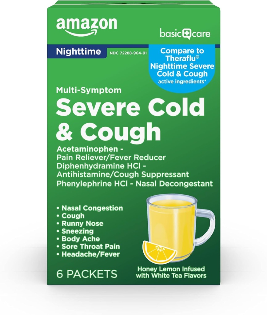 Basic Care Nighttime Svær kold, influenza og hoste suppressant medicin pulver, smerte Reliever / Fever Reducer, Nasal Decongestant, Antihistamin, Honning Lemon Infunderet med hvide te flavors, 6 Greve