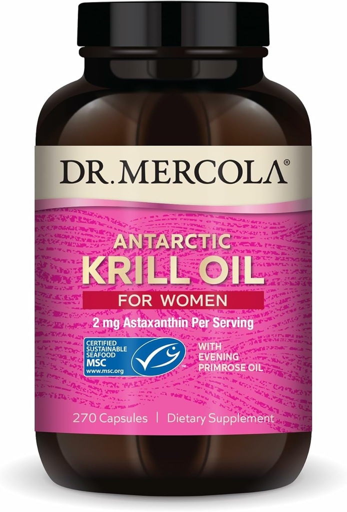 Dr. Mercola Krill Oil for Women - 2 mg Astaxanthin - MSC Certified Sustainable - Understøtter hjerne, hud & immunsystemer - med Omega- 3s - Non- GMO, Gluten- Free & Soy- Free - 270 kapsler (30 Servere)