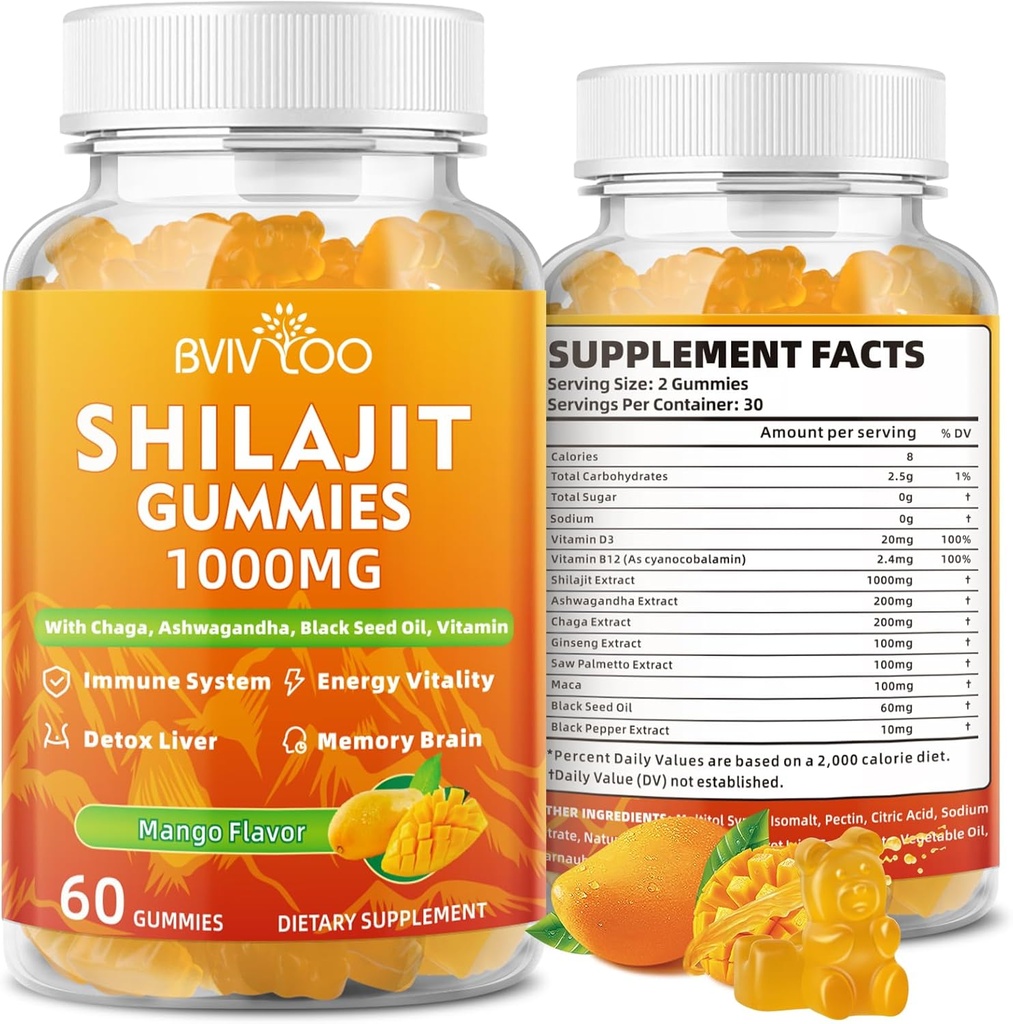 Shilajit Gummies 1000mg Sugar Free - Shilajit Supplement for mænd og kvinder - Høj i 85 + Trace Minerals & Fulvic Acid - Energy, Brain, Immunity - 60 Gummies