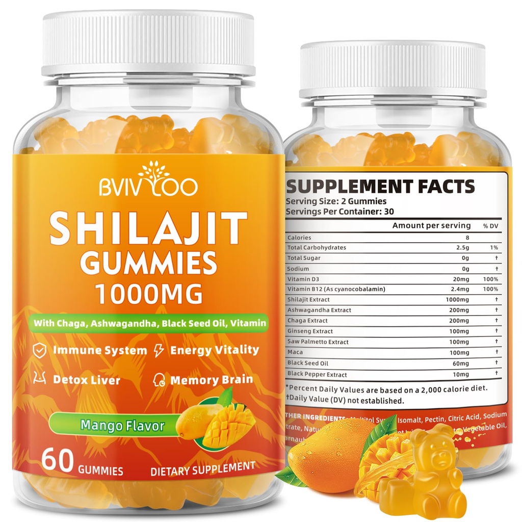 Shilajit Gummies 1000mg Sugar Free - Shilajit Supplement for mænd og kvinder - Høj i 85 + Trace Minerals & Fulvic Acid - Energy, Brain, Immunity - 60 Gummies