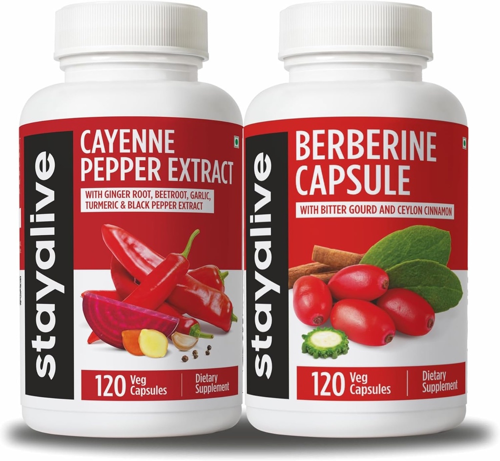 Stay ALIVE Cayenne og Berberine Bundle med Ceylon Cinnamon og Bitter Gourd Extract, 240 Vegan piller, Non- GMO & Gluten Free Berberine Cayenne Pepper Supplement