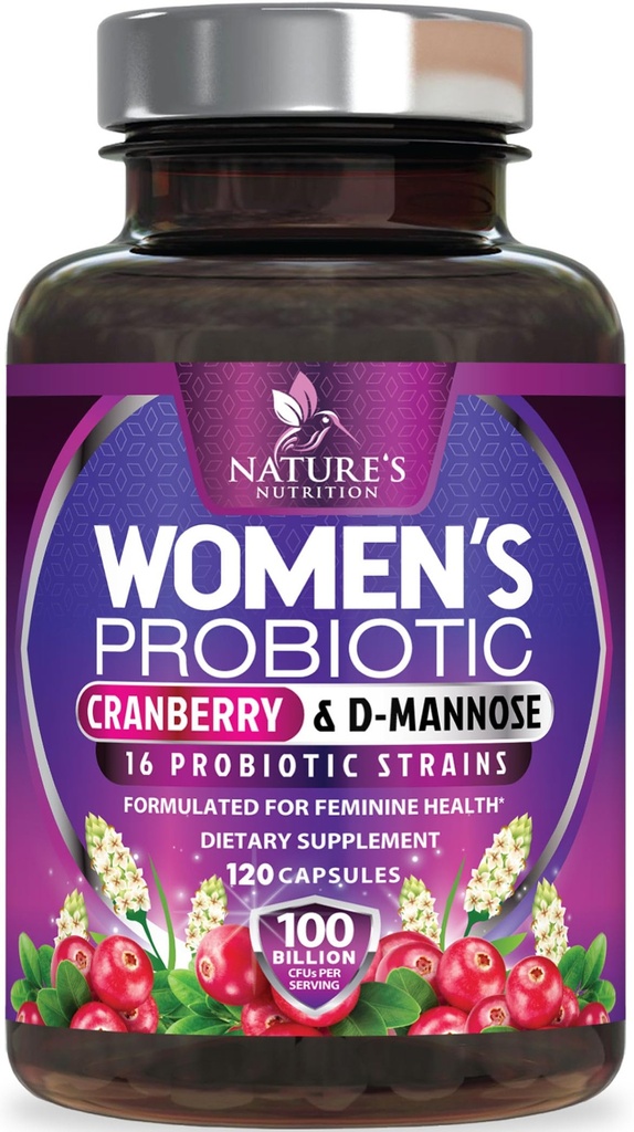 Probiotika til kvinder 60 Millioner CFU - 16 Strops, Prebiotika & Cranberry, PH Balance, fordøjelsessygdomme, vaginal & immunforsvar, Kvinder Probiotika til Gut Health, Hylde Stable - 120 Kapsler
