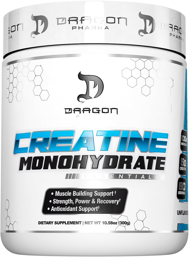 DRAGON PHARMA Creatine monohydrat, Hjælp Muscle Recovery, Post- workout supplement, Antioxidant Support (60 Servere, Unflavored)