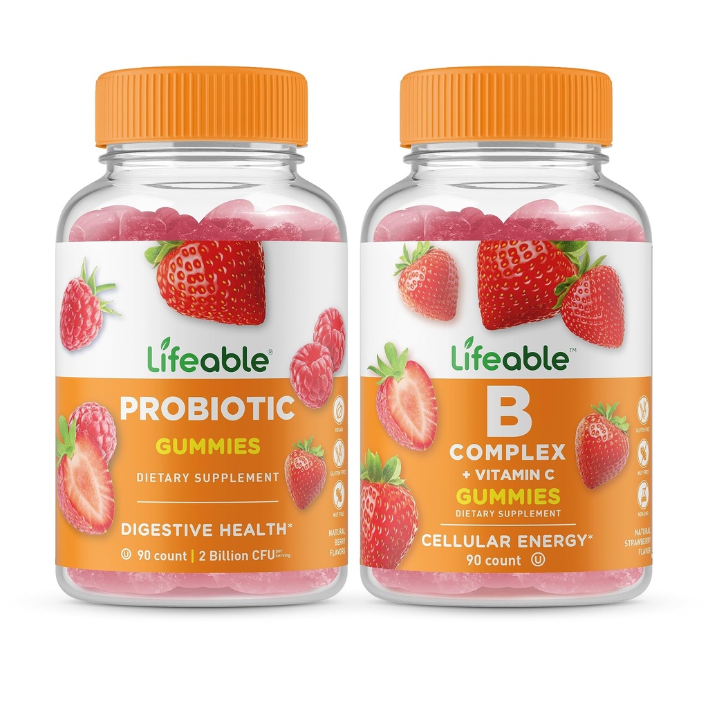 Lifeable Probiotic 2 Millioner CFU + B Complex, Gummies Bundle - Great Tasting, Vitamin Supplement, Gluten Free, GMO fri, Chewable Gummy