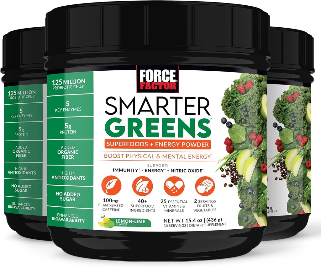 FORCE FACTOR Smarter Green Superfoods + Energy Powder to Boost Energy & Support Fordøjelse, Gut Health, Bloating, Green Powder med fordøjelsesenzymer, Probiotika & Prebiotika, Lemon Lime, 90 Serveringer