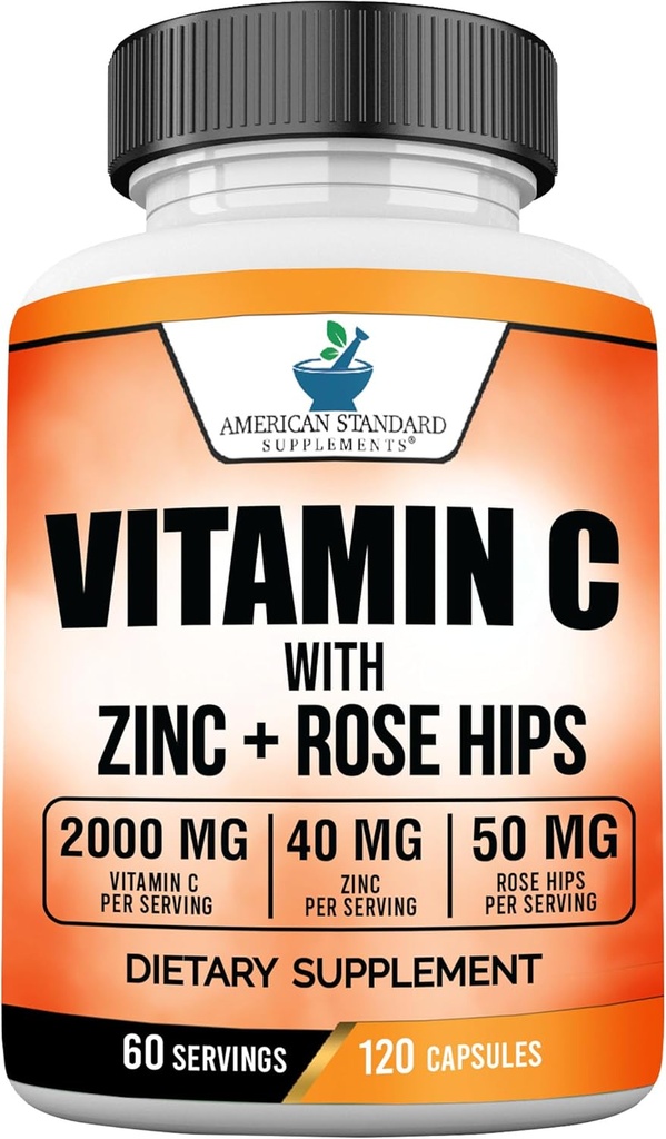 American Standard Supplements Vitamin C 2000mg, Zinc 40mg, and Rose HIPS 50mg Per Serving, Vegan, Gluten Free, Non-GMO (120 Count)