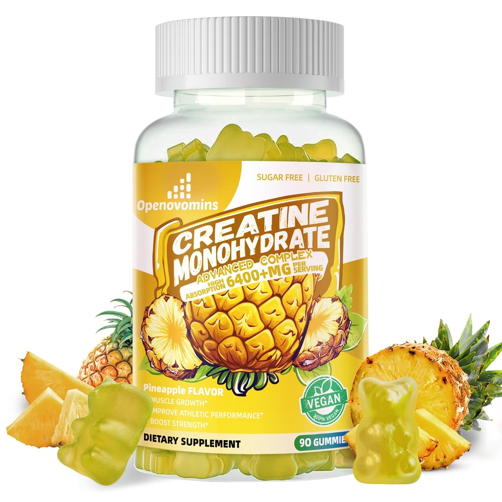 Creatin monohydrat Gummies Complex for mænd og kvinder -Advanced Formel W / L- Taurine + vitamin B12, Sukker Free Chewable Supplement, 90 Ananas Gummies