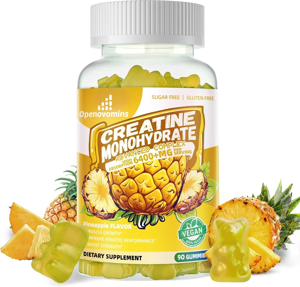 Creatin monohydrat Gummies Complex for mænd og kvinder -Advanced Formel W / L- Taurine + vitamin B12, Sukker Free Chewable Supplement, 90 Ananas Gummies