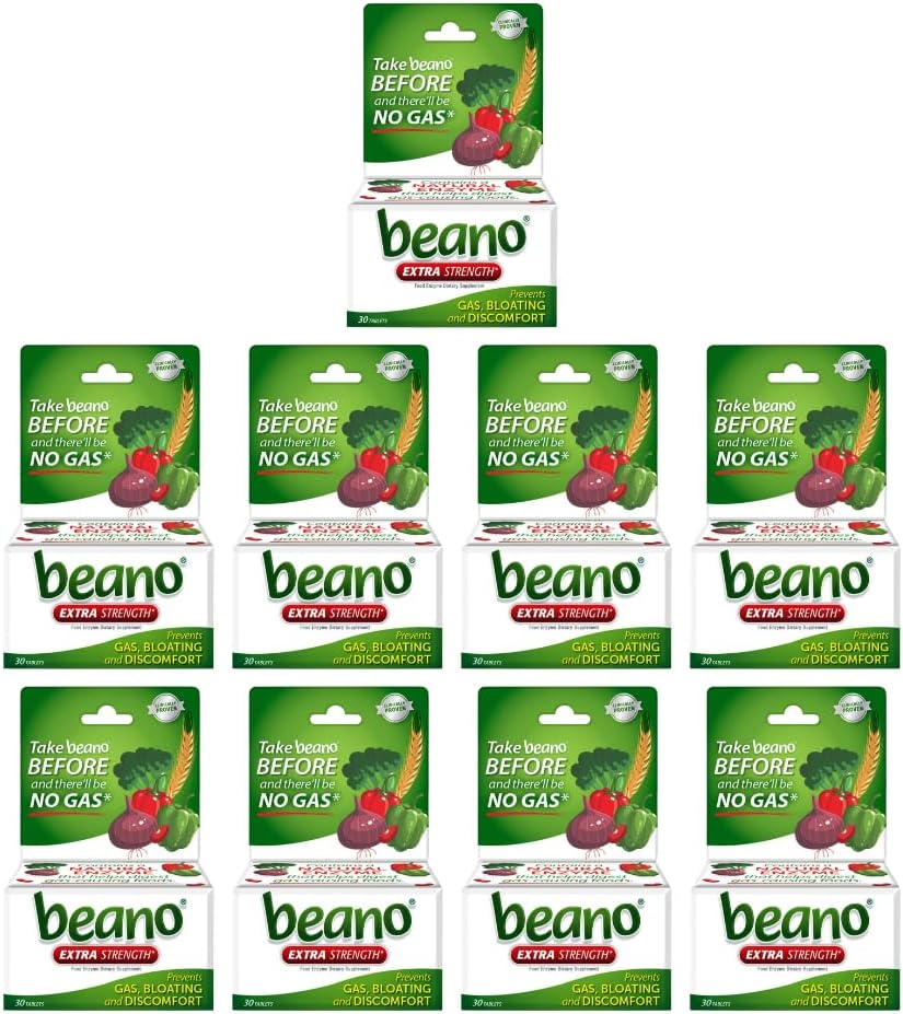 Beano Extra Strength, Digestive Enzyme Supplement, Prevents Gas, Bloating and Discomfort (Packaging May Vary) 30 Greve Hver (pakke med 9)