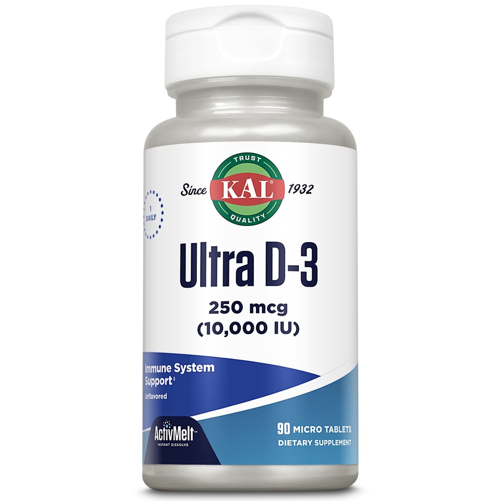 KAL Ultra Vitamin D3 250 mcg (10000 IE), højpotens D-vitamin, Calcium Absorption, ben sundhed og immunforsvar supplement, Instant Opløs, Unflavored ActivMelt, 90 Servere, 90 Micro Tablets