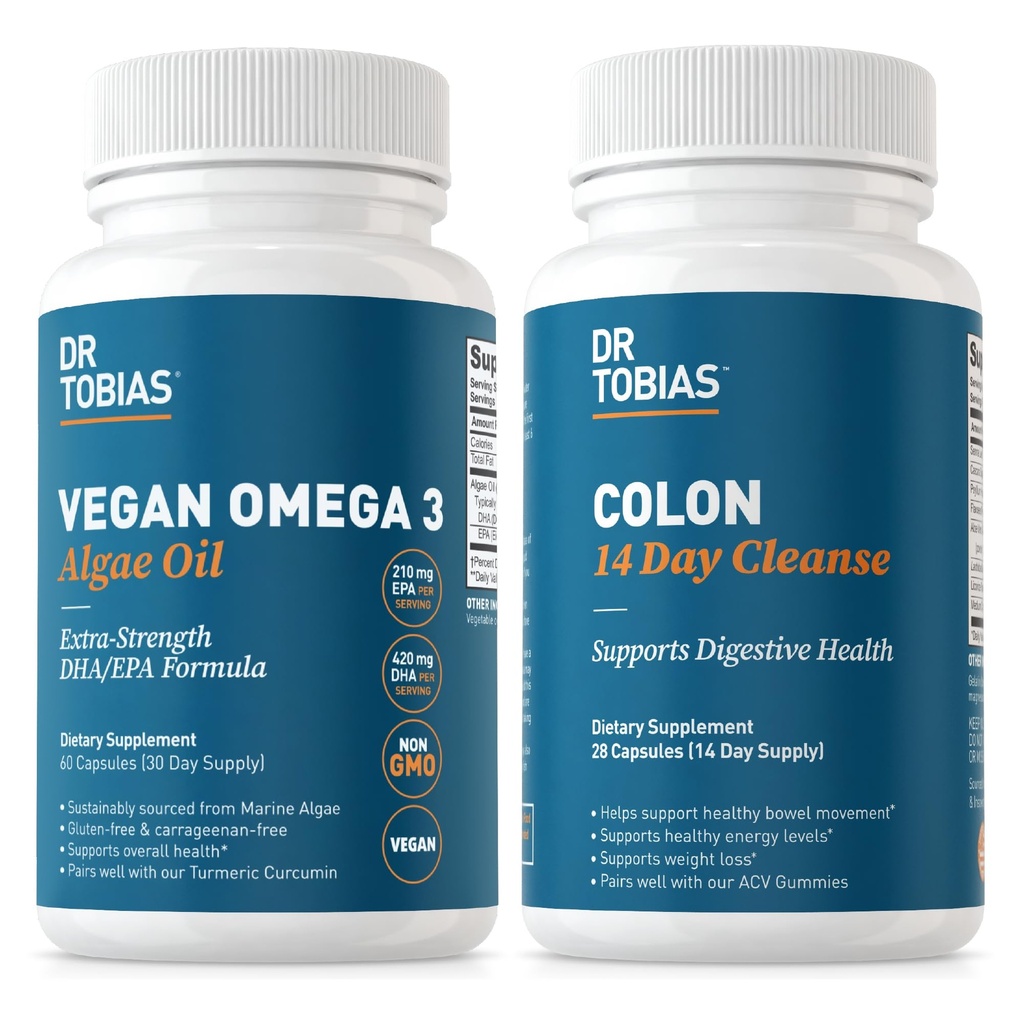 Dr. Tobias Vegan Omega 3 Algae Oil og Colon 14 dages rengøring for forbedret fordøjelse, Gut & immunforsvar, og samlet sundhed