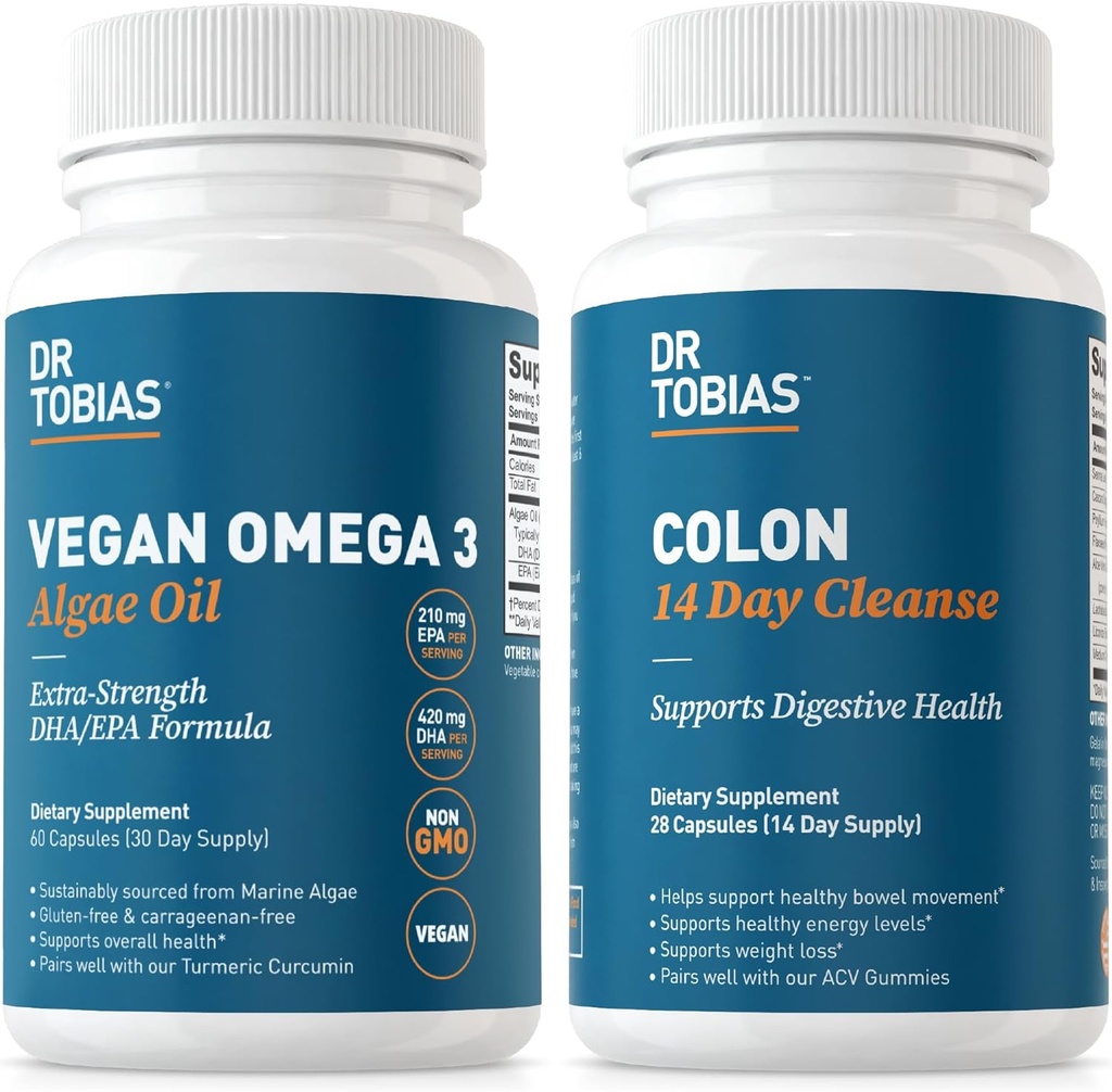 Dr. Tobias Vegan Omega 3 Algae Oil og Colon 14 dages rengøring for forbedret fordøjelse, Gut & immunforsvar, og samlet sundhed