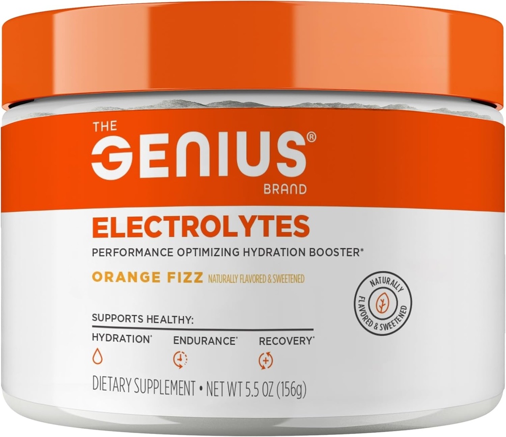 Genius Electrolytes Powder Drink Mix, Orange Fizz, 30 Servings - Natural Hydration Booster & Endurance Supplement with Potassium, Magnesium & Zinc - Sugar Free & No Artificial Sweeteners or Dyes
