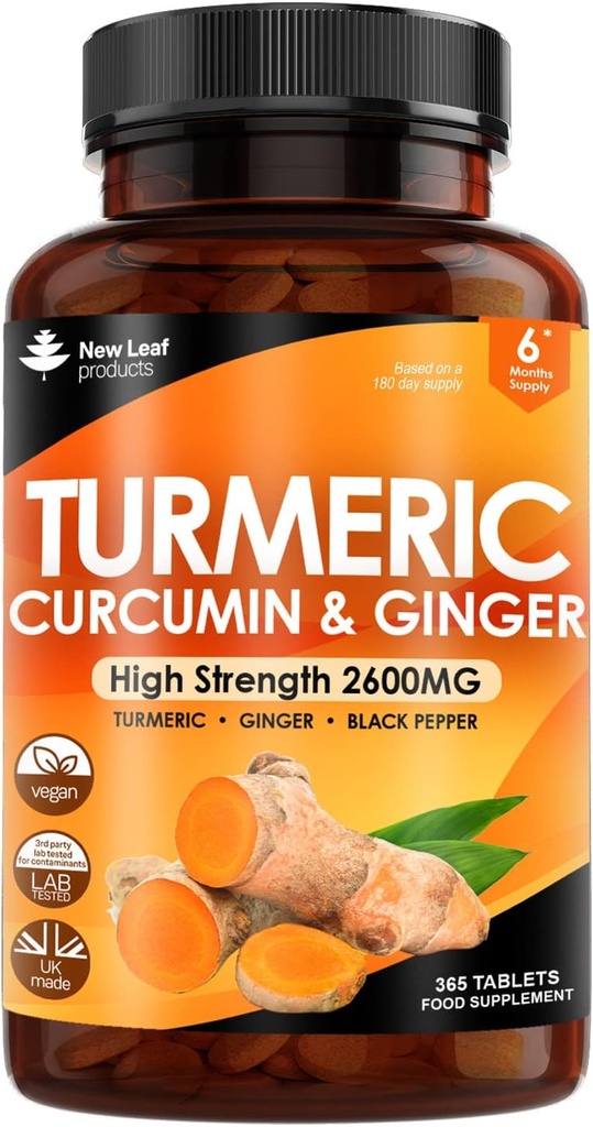 Gurkemeje - High Strength Extract med Black Pepper & Ginger (365 tabletter) Active 95% Gurkemeje Curcumin Kosttilskud, Vegan, GMP, GMO Free Gluten Free, UK Made by New Leaf
