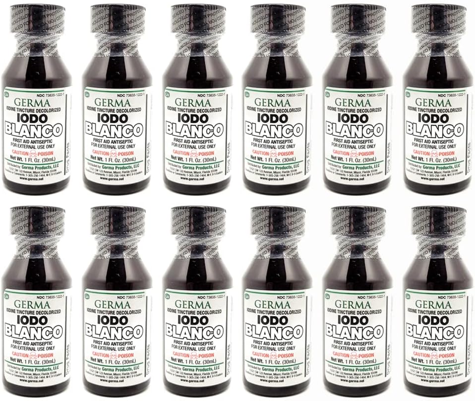 Germa White Jod Tincture. Førstehjælp Antiseptik. for Minor Scrapes, Cuts, Bruises og Burns. Forhindrer hudinfektion. 1 oz. Pakning med 12