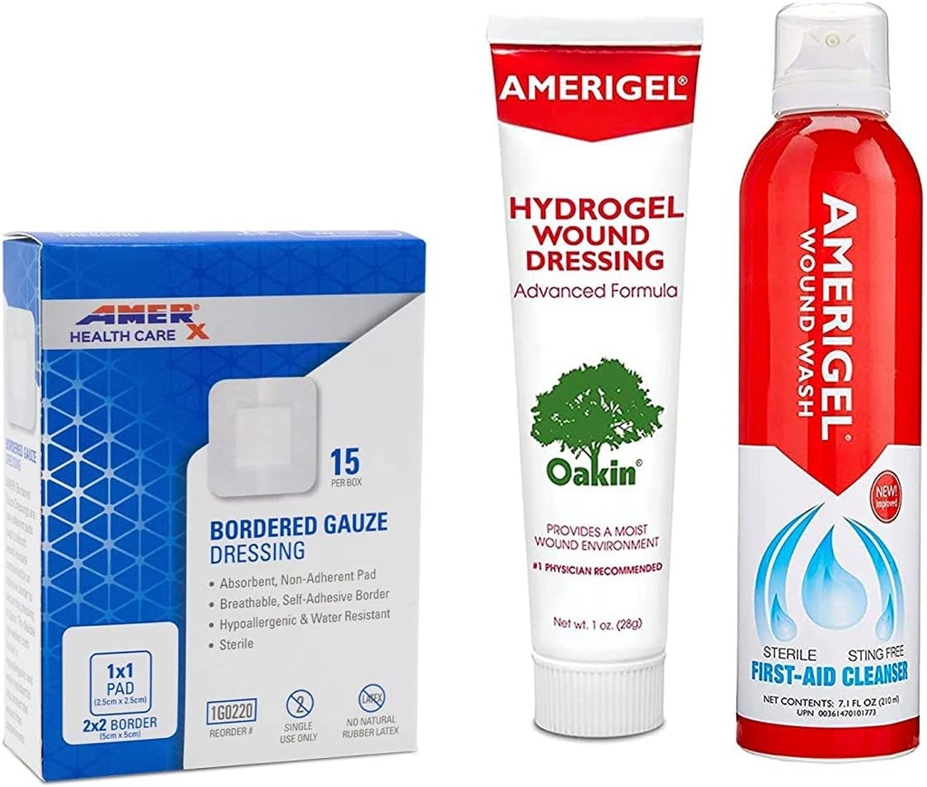 AMERIGEL Total førstehjælp Bundle - 1 oz. Hydrogel Sår Dressing, 7.1 oz. Saline Sown Wash, 2x2 Bordered Gauze Dressing
