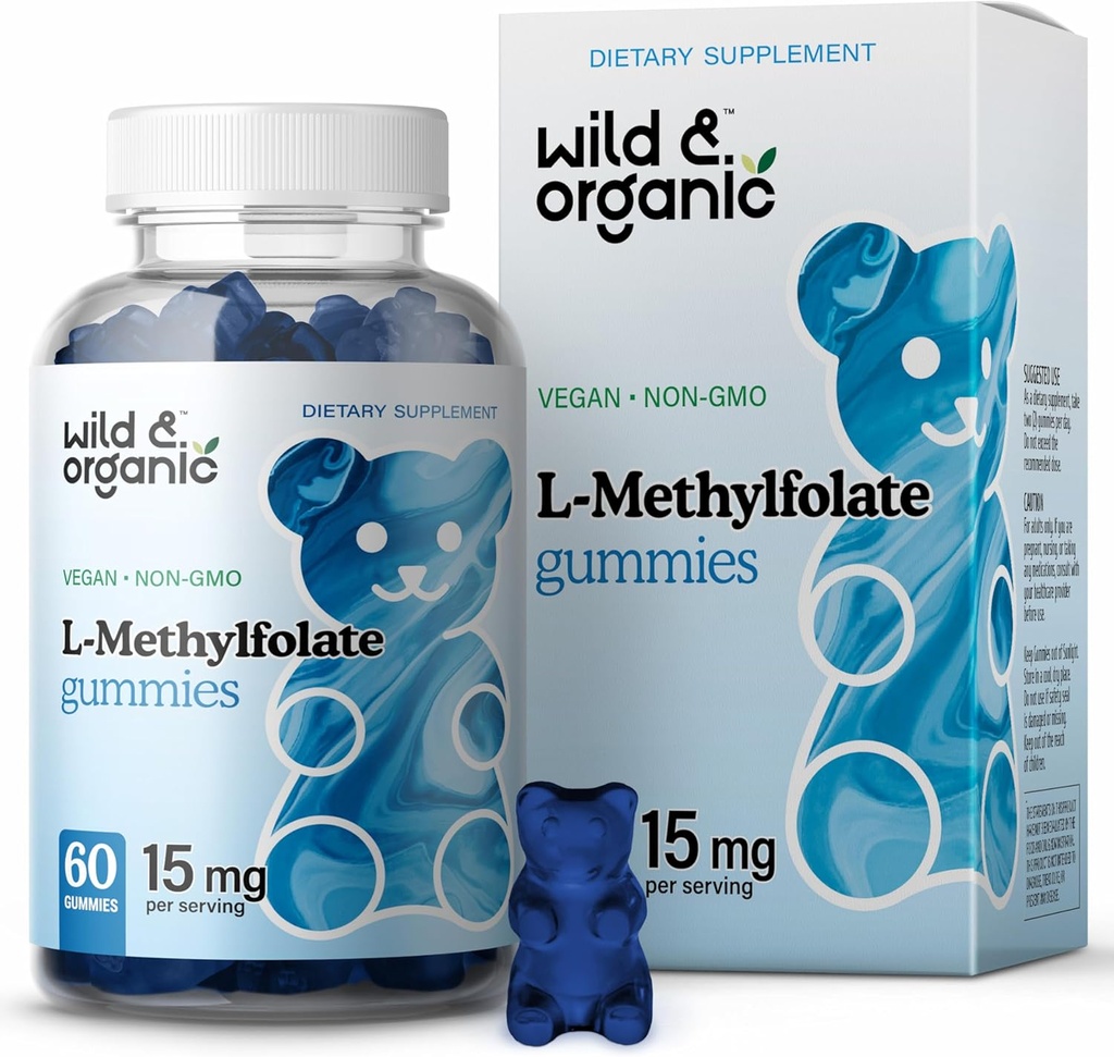 Wild & Organic L- Methylfolat 15mg Gummies - Mood & Brain Support - Folate 5 - MTHF Supplement for Brain, Focus, Clarity - Folate Supplement w / vitamin B9- 60 Non- GMO L Methylfolate Gummies