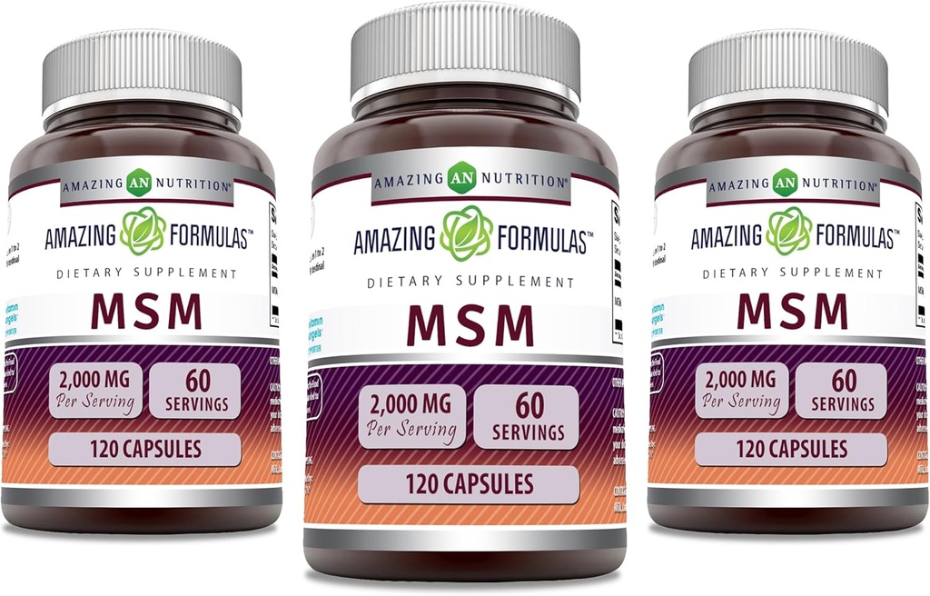 Amazing Formulas MSM (Methylsulfonylmethan) Supplementér 124; 2000 Mg Per Serving Budding 124; Kapsler 124; Non- GMO Buddy 124; Gluten Free Buddy 124; Lavet i USA (3 Pack, 120 Tæl)