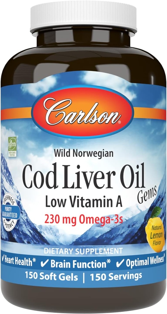Carlson - Cod Lever Oil Gems, Low Vitamin A, 230 mg Omega- 3s, Norwegian, Wild Fanget, Sustainable Sourced, 150 Softgels