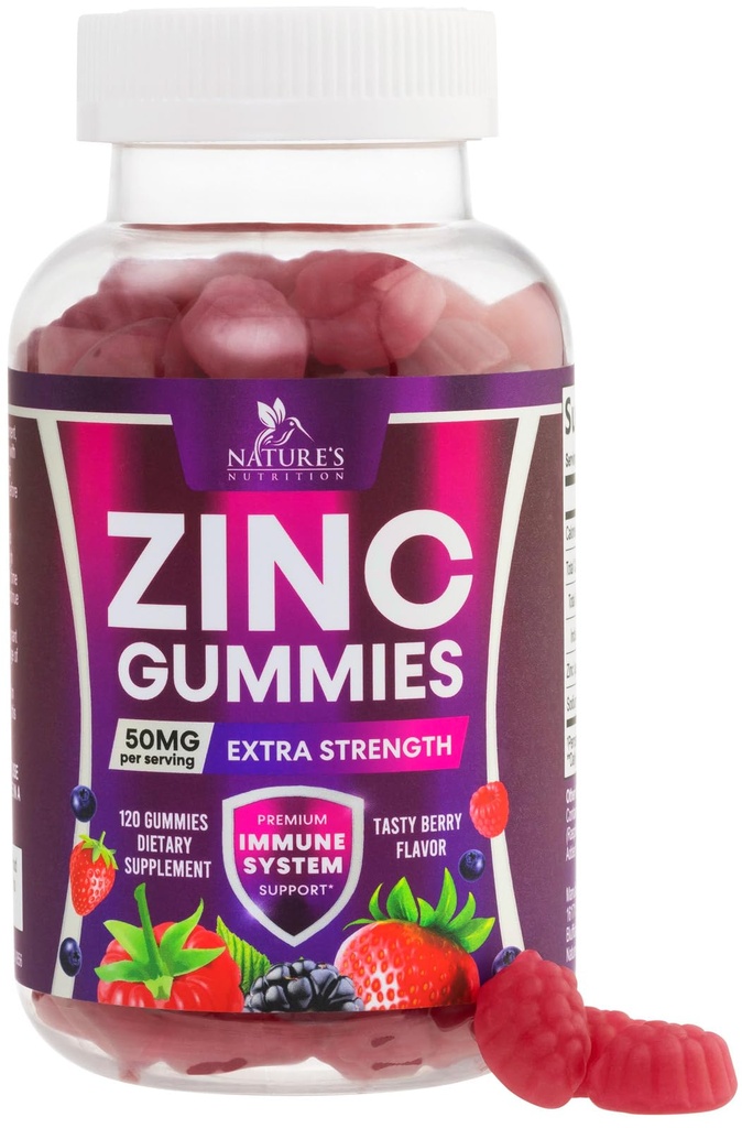 Zink Gummies 50mg - Bone Skin & immunsupport Health Gummy & Premium Antioxidant Chewable for adult - High Absorption Vegan, Gluten Free Zink Supplements Vitamin - Tasty Berry Flavor - 120 Gummies