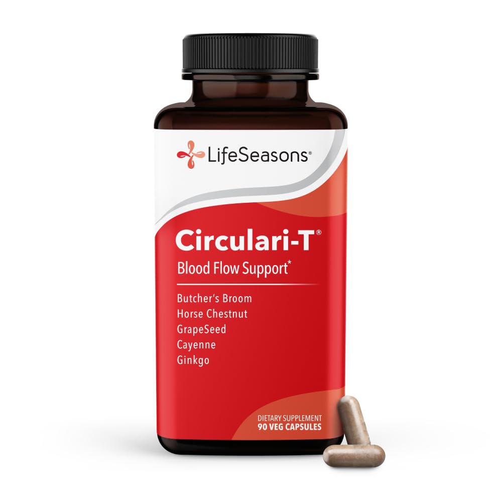 LifeSeasons Circulari- T - Blood Circulation Supplement - Understøtter Artery, Capillary & Vein Health - Slagterum, Ginkgo, Cayenne, Grape Seed & Horse Chestnut - 90 Kapsler